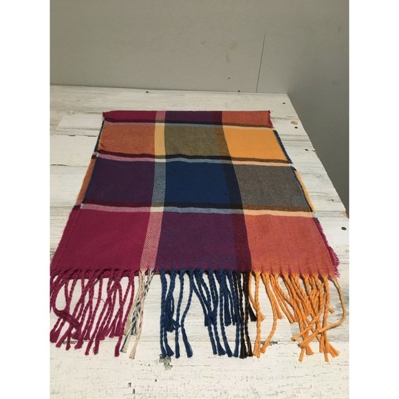 100% cashmere multi colored plaid scarf with fringe  13”x66” - Picture 1 of 3